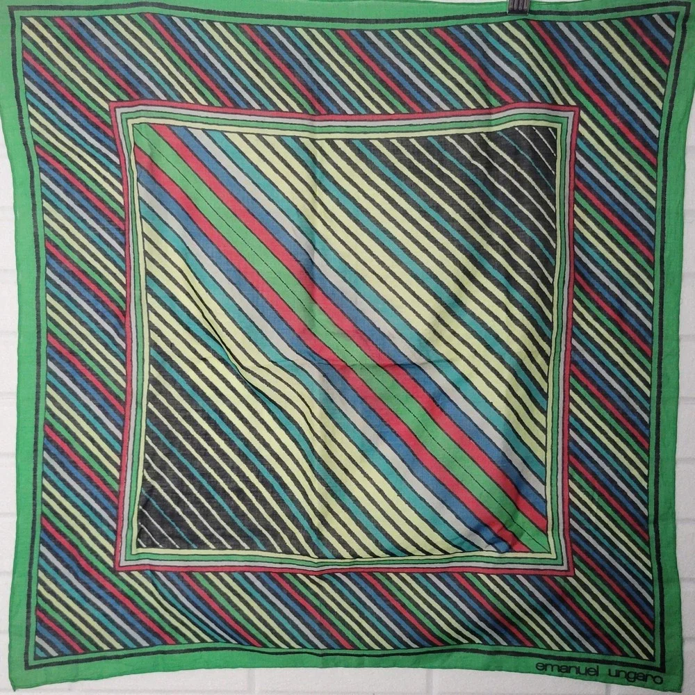 Vintage 1980s Emanuel Ungaro Square Cotton Scarf Green Geometric Mod Designer